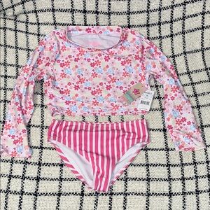 Kids Pink Floral Long-Sleeve Rash Guard Two-Piece Swim Set